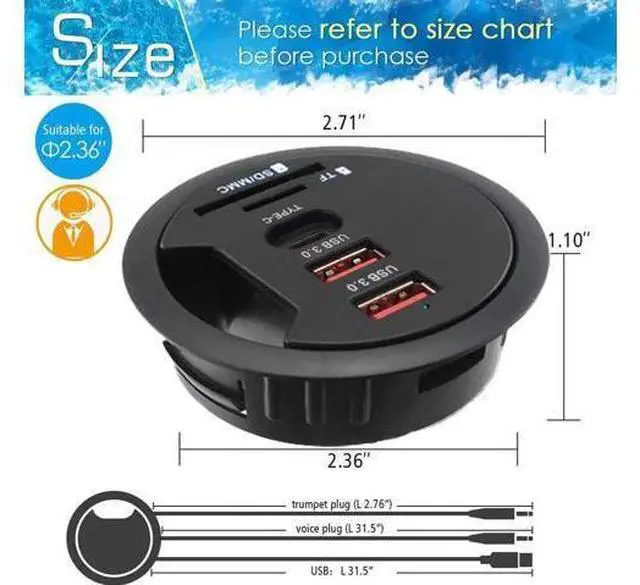 Alt view image 7 of 7 - 60MM 2.36 Inch Grommet Desk-Fit USB 3.0 Hub, 2 Port Type-A + 1 Port Type-C with SD/TF Card Reader, Support Charging & Data Transmission, Comes with 5V/2A Power Adapter