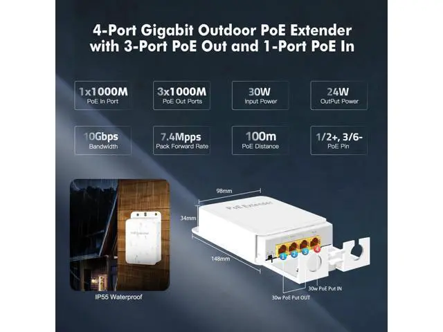 Alt view image 4 of 7 - Outdoor Gigabit PoE Passthrough Switch, 1 PoE In 3 PoE Out Extender, IEEE802.3af/at Compliant, 10/100/1000Mbps Ethernet, Waterproof Wall Mount, Plug and Play