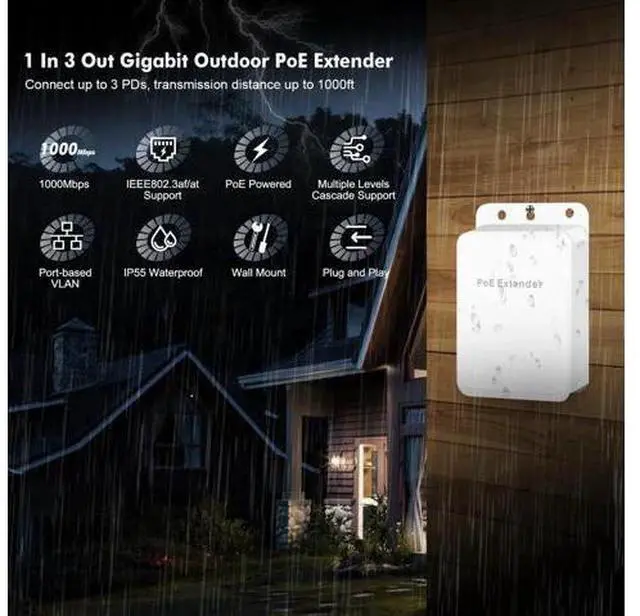 Alt view image 5 of 7 - Outdoor Gigabit PoE Passthrough Switch, 1 PoE In 3 PoE Out Extender, IEEE802.3af/at Compliant, 10/100/1000Mbps Ethernet, Waterproof Wall Mount, Plug and Play