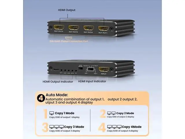 Alt view image 2 of 7 - 8K HDMI 2.1 Splitter 1 in 4 Out, 48Gbps 8K@60Hz 4K@120Hz Mirror Screen HDMI Splitter for Multiple Monitors, HDCP 2.3 Compatible for Gaming PC PS5 Xbox