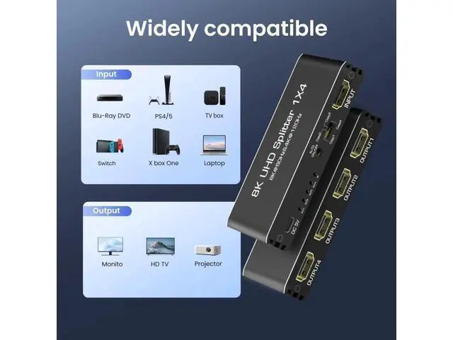 Alt view image 7 of 7 - 8K HDMI 2.1 Splitter 1 in 4 Out, 48Gbps 8K@60Hz 4K@120Hz Mirror Screen HDMI Splitter for Multiple Monitors, HDCP 2.3 Compatible for Gaming PC PS5 Xbox