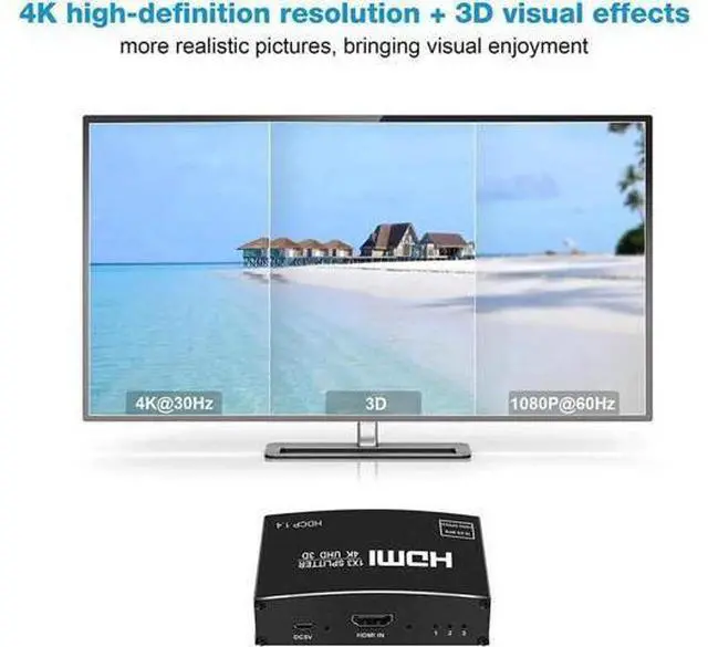 Alt view image 2 of 6 - 4K HDMI Splitter 1 in 3 Out, 1×3 HDMI Splitter Support 4Kx2K, 1080P, 3D, HDR, DTS/Doby-TrueHD, HDMI Cable Included, Compatible with Xbox PS5/4 Fire Stick Roku Blu-Ray Player Apple TV (NOT S