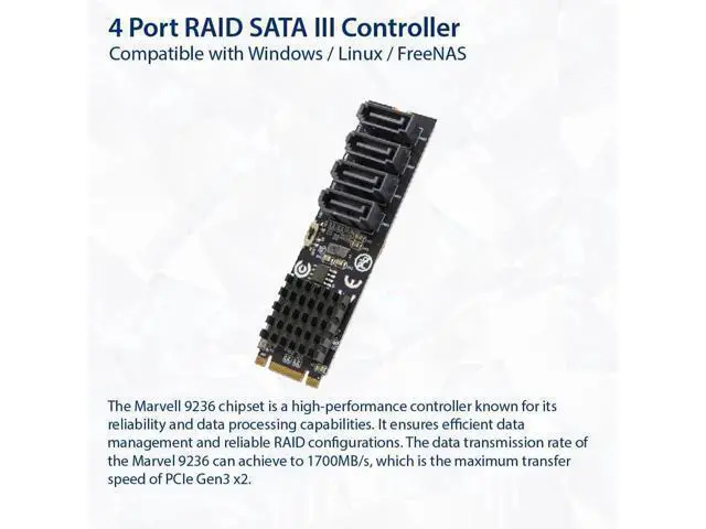 Alt view image 3 of 5 - 4 Port RAID SATA III 6Gbps to M.2 B+M Key Adapter, PCI-e 3.0 x2 Bandwidth, SY-ADA40172