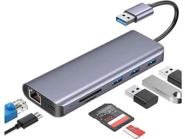 Main image of 7-in-1 Aluminum USB Hub with Gigabit Ethernet Adapter, USB to 10/100/1000 Mbps LAN Network Converter, USB 3.0/2.0 Ports & SD/Micro SD Card Reader Compatible with MacBook Air Pro, Windows & Linux