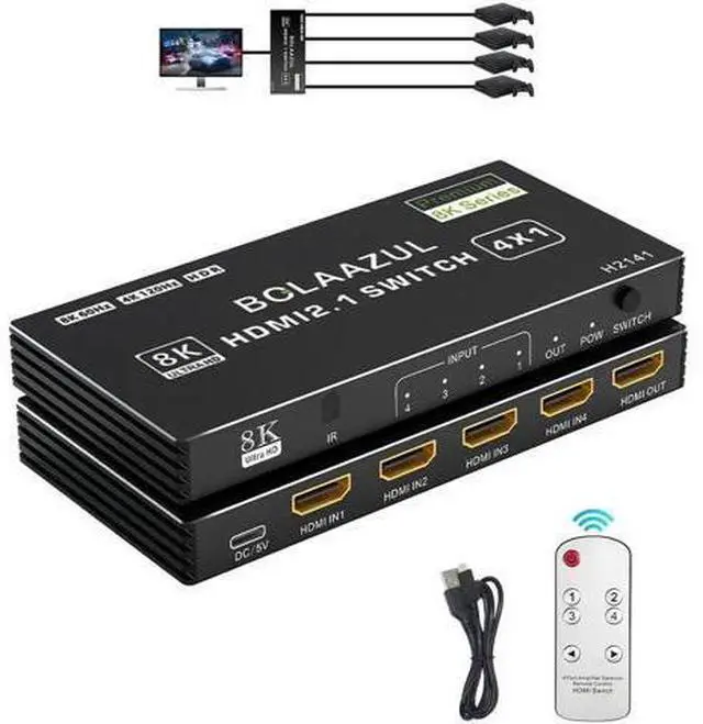 Main image of 4 in 1 Out 8K HDMI 2.1 Switch with Remote, 4-Port 48Gbps HDMI Switcher Support 8K@60Hz 4K@120Hz 2K@144Hz HDR CEC Dolby Vision, Compatible with Xbox Series X PS5
