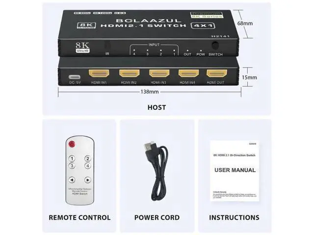 Alt view image 3 of 7 - 4 in 1 Out 8K HDMI 2.1 Switch with Remote, 4-Port 48Gbps HDMI Switcher Support 8K@60Hz 4K@120Hz 2K@144Hz HDR CEC Dolby Vision, Compatible with Xbox Series X PS5