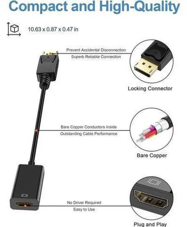 Alt view image 3 of 7 - 4K DisplayPort (DP) to HDMI Adapter, Gold-Plated Uni-Directional Display Port PC to HDMI Screen Converter (Male to Female) Compatible with HP, D.ell, L.enovo & More, Passive - Black 10 packs