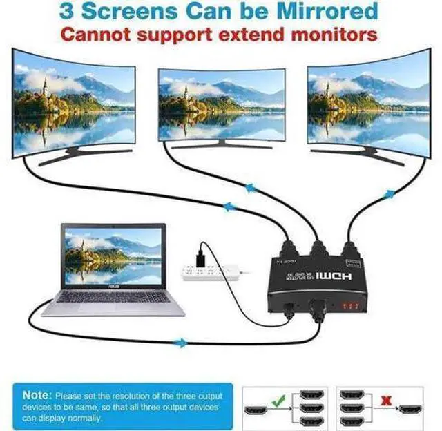 Alt view image 2 of 6 - 1 in 3 Out HDMI Splitter, 1×3 HDMI Splitter Support 4K 1080P 3D HDR DTS Dolby TrueHD, Mirror Display Only for PS5 PS4 Xbox Fire Stick Roku Blu-Ray Apple TV, HDMI Cable Included
