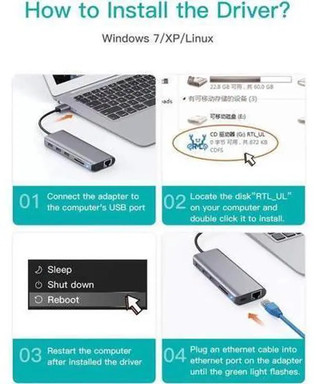 Alt view image 5 of 7 - 7-in-1 Aluminum USB Hub with Gigabit Ethernet Adapter, USB to 10/100/1000 Mbps LAN Network Converter, USB 3.0/2.0 Ports & SD/Micro SD Card Reader Compatible with MacBook Air Pro, Windows & Linux