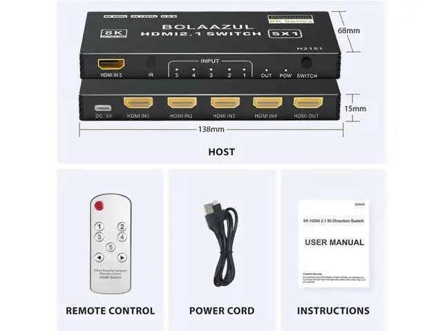 Alt view image 2 of 7 - 5 in 1 Out 8K HDMI 2.1 Switch, 5-Port 48Gbps HDMI Switcher with IR Remote, Support 8K@60Hz 4K@120Hz 2K@144Hz HDR CEC Dolby Vision, Compatible with Xbox Series X PS5