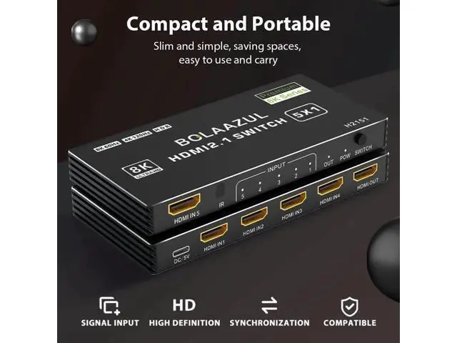 Alt view image 7 of 7 - 5 in 1 Out 8K HDMI 2.1 Switch, 5-Port 48Gbps HDMI Switcher with IR Remote, Support 8K@60Hz 4K@120Hz 2K@144Hz HDR CEC Dolby Vision, Compatible with Xbox Series X PS5