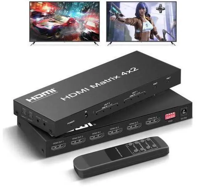 Main image of 4x2 HDMI Matrix Switch 4 in 2 Out, HDMI Video Switcher Splitter with Optical & L/R Audio Output, Ultra HD 4K 3D 1080P EDID Audio Extractor, Includes IR Remote Control