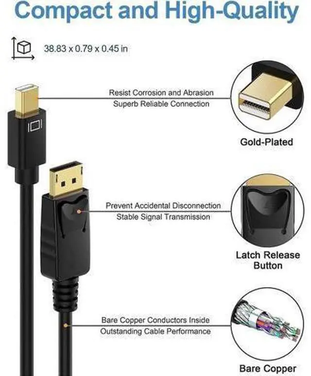 Alt view image 3 of 7 - Mini DisplayPort to DisplayPort Cable, 10 Feet, Gold-Plated DisplayPort to Mini DisplayPort (4K@60Hz, 2K@144Hz) Mini DP to DP Display Cable - Black 2 Pack