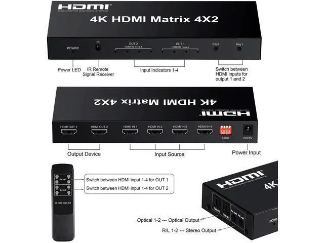 Alt view image 5 of 7 - 4x2 HDMI Matrix Switch 4 in 2 Out, HDMI Video Switcher Splitter with Optical & L/R Audio Output, Ultra HD 4K 3D 1080P EDID Audio Extractor, Includes IR Remote Control