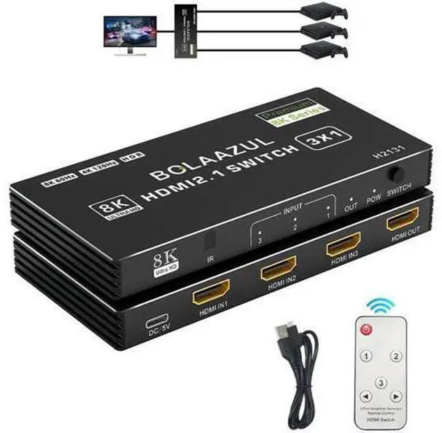Main image of 3 in 1 Out 8K HDMI 2.1 Switch with Remote, 3-Port 48Gbps HDMI Switcher Support 8K@60Hz 4K@120Hz 2K@144Hz HDR CEC, Compatible with Xbox Series X PS5