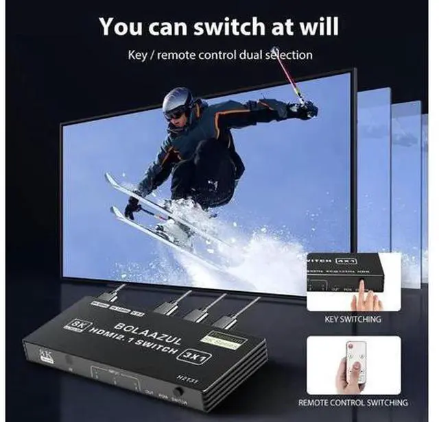 Alt view image 4 of 7 - 3 in 1 Out 8K HDMI 2.1 Switch with Remote, 3-Port 48Gbps HDMI Switcher Support 8K@60Hz 4K@120Hz 2K@144Hz HDR CEC, Compatible with Xbox Series X PS5