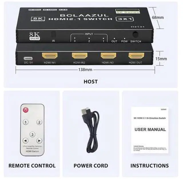 Alt view image 7 of 7 - 3 in 1 Out 8K HDMI 2.1 Switch with Remote, 3-Port 48Gbps HDMI Switcher Support 8K@60Hz 4K@120Hz 2K@144Hz HDR CEC, Compatible with Xbox Series X PS5