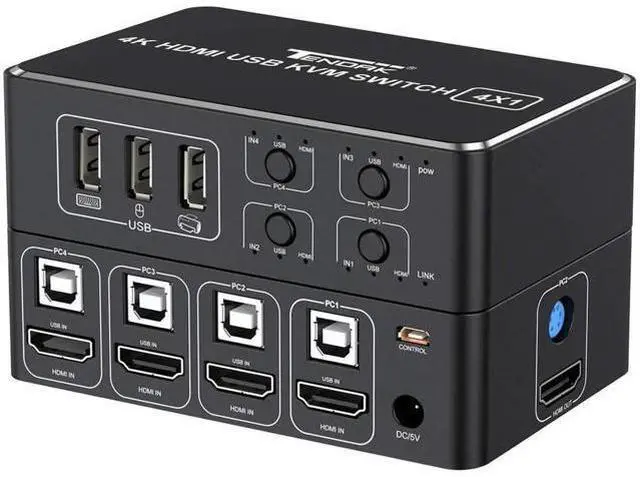 Main image of 4 Port HDMI KVM Switch 4 in 1 Out, 4K@60Hz KVM Switch Box with 4 USB Type-B Cables, EDID HDCP 2.2 3D Supported, 4 Computers Share Keyboard Mouse Printer HDTV Monitor