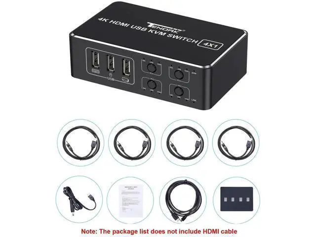 Alt view image 2 of 7 - 4 Port HDMI KVM Switch 4 in 1 Out, 4K@60Hz KVM Switch Box with 4 USB Type-B Cables, EDID HDCP 2.2 3D Supported, 4 Computers Share Keyboard Mouse Printer HDTV Monitor