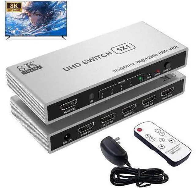 Main image of 5 Port 8K HDMI 2.1 Switch with Remote, 5 in 1 Out HDMI Switcher Splitter Support 8K@60Hz 4K@120Hz, 48Gbps HDR10+ Dolby HDCP 2.3 CEC VRR, Compatible with PS5 PS4 Xbox Series X TV