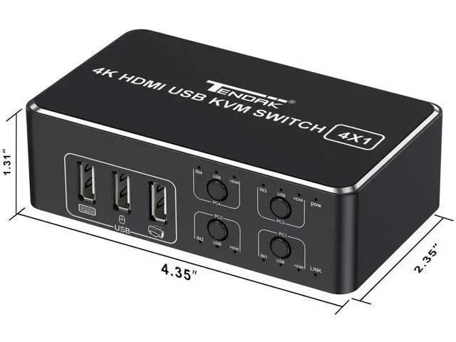Alt view image 5 of 7 - 4 Port HDMI KVM Switch 4 in 1 Out, 4K@60Hz KVM Switch Box with 4 USB Type-B Cables, EDID HDCP 2.2 3D Supported, 4 Computers Share Keyboard Mouse Printer HDTV Monitor