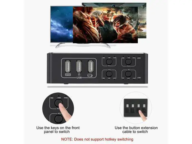 Alt view image 6 of 7 - 4 Port HDMI KVM Switch 4 in 1 Out, 4K@60Hz KVM Switch Box with 4 USB Type-B Cables, EDID HDCP 2.2 3D Supported, 4 Computers Share Keyboard Mouse Printer HDTV Monitor