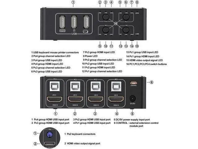 Alt view image 7 of 7 - 4 Port HDMI KVM Switch 4 in 1 Out, 4K@60Hz KVM Switch Box with 4 USB Type-B Cables, EDID HDCP 2.2 3D Supported, 4 Computers Share Keyboard Mouse Printer HDTV Monitor