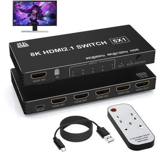Main image of 5 in 1 Out 8K HDMI Switch, 5 Port HDMI 2.1 Switcher Splitter with IR Remote, Support 8K@60Hz 4K@120Hz, Compatible with Xbox PS4 PC TV