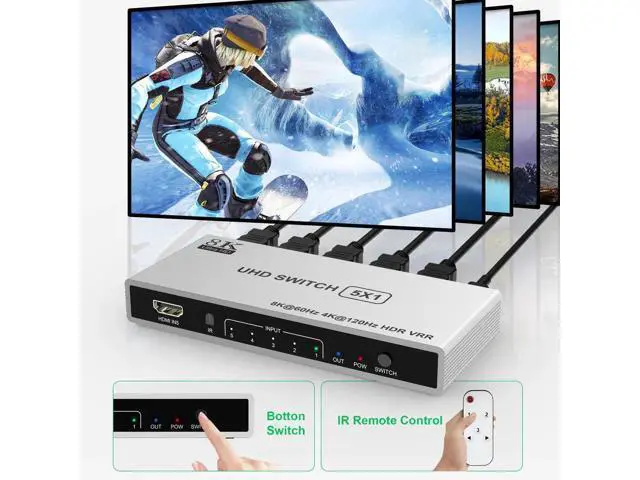 Alt view image 7 of 7 - 5 Port 8K HDMI 2.1 Switch with Remote, 5 in 1 Out HDMI Switcher Splitter Support 8K@60Hz 4K@120Hz, 48Gbps HDR10+ Dolby HDCP 2.3 CEC VRR, Compatible with PS5 PS4 Xbox Series X TV