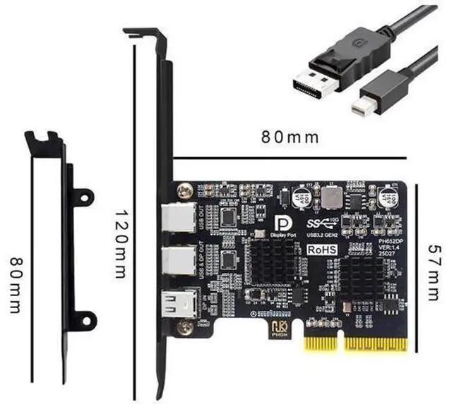 Alt view image 3 of 7 - 10Gbps PCI-E 4X Expansion Card, Mini DP 1.4 Input to Dual USB3.1 Type-C & 4K 60Hz Output, ASM3142 Chip Desktop Graphics Expansion Adapter