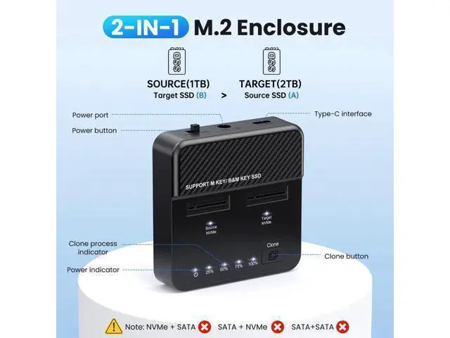 Alt view image 5 of 7 - Dual-Bay M.2 NVMe SSD Enclosure, 20Gbps USB-C One-Click Offline Clone Duplicator, Vertical Hyper Cloner for M-Key NVMe M.2 SSD