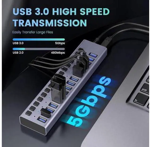 Alt view image 3 of 7 - 90W Powered16-Port USB 3.0 Hub, Housing with Individual Port Switches,5Gbps High-Speed DataTransfer,12V/7.5A Adapter,for Laptop/PC/External Mobile HDD, Multi-Device Charging & Data Sync HuB
