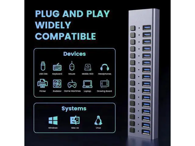 Alt view image 5 of 7 - 90W Powered16-Port USB 3.0 Hub, Housing with Individual Port Switches,5Gbps High-Speed DataTransfer,12V/7.5A Adapter,for Laptop/PC/External Mobile HDD, Multi-Device Charging & Data Sync HuB