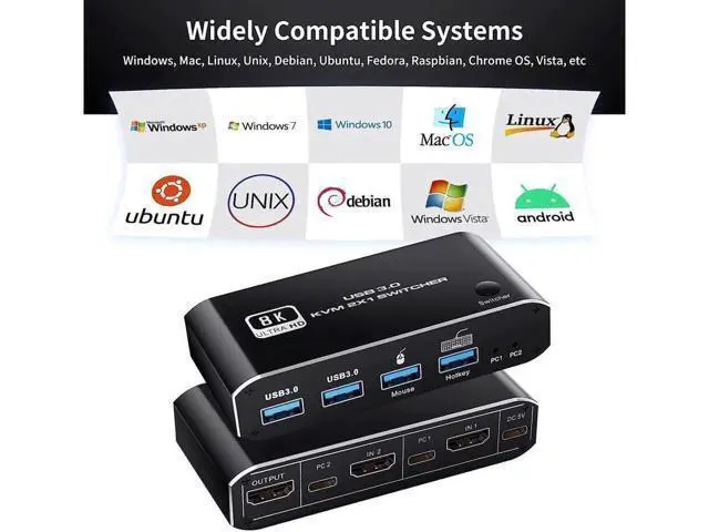 Alt view image 7 of 7 - USB HDMI 2.1 KVM Switch 4K 120Hz 8K, Dual Port USB 3.0 USB-C HDMI KVM Switcher, Hotkey Keyboard Shortcut Switching HDCP 2.3 Compatible with Nvidia AMD Xbox Series X S PS5 PS4 Pro