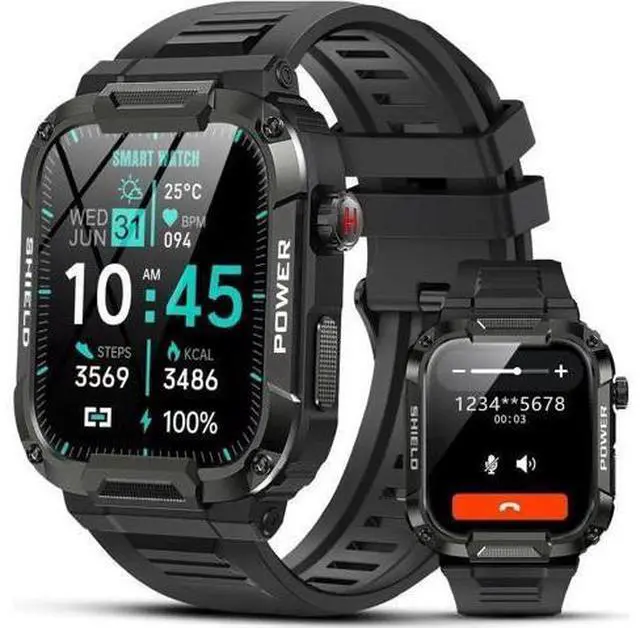 Main image of 1.85 Inch Military Smart Watch for Men, Rugged Tactical Sports Smartwatch with Bluetooth Call, IP68 Waterproof, Fitness Tracker, Outdoor Durable Wrist Watch Compatible with Android & iPhone, Black