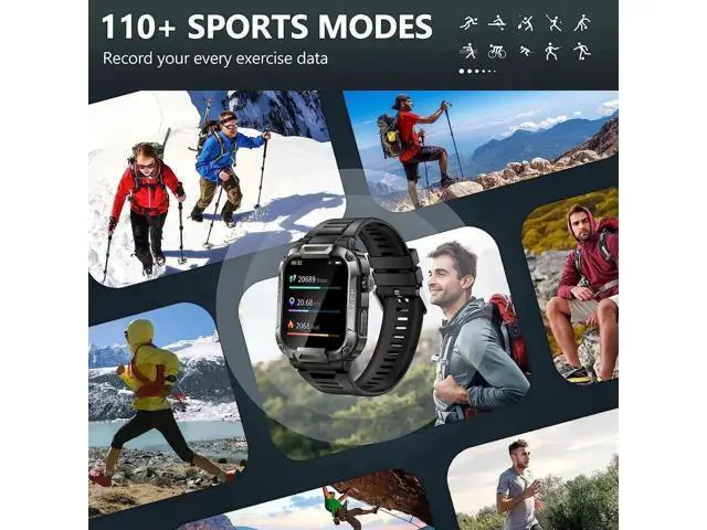 Alt view image 3 of 6 - 1.85 Inch Military Smart Watch for Men, Rugged Tactical Sports Smartwatch with Bluetooth Call, IP68 Waterproof, Fitness Tracker, Outdoor Durable Wrist Watch Compatible with Android & iPhone, Black