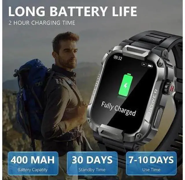 Alt view image 5 of 6 - 1.85 Inch Military Smart Watch for Men, Rugged Tactical Sports Smartwatch with Bluetooth Call, IP68 Waterproof, Fitness Tracker, Outdoor Durable Wrist Watch Compatible with Android & iPhone, Black