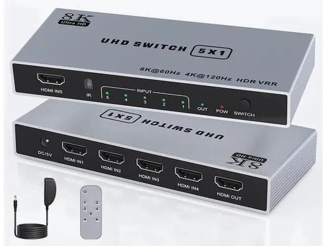 Main image of 5 in 1 Out 8K HDMI 2.1 Switch with Remote, 8K@60Hz 4K@120Hz Port Expander Selector Box, Support 3D HDR HDCP 2.3 Dolby Vision, Compatible with PS5 PS4 PS3 Xbox Switch DVD Player TV PC