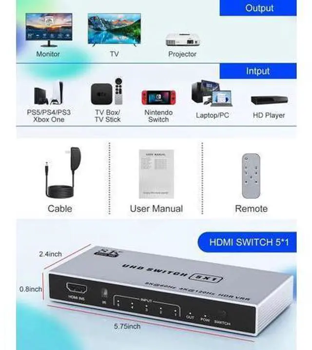 Alt view image 2 of 7 - 5 in 1 Out 8K HDMI 2.1 Switch with Remote, 8K@60Hz 4K@120Hz Port Expander Selector Box, Support 3D HDR HDCP 2.3 Dolby Vision, Compatible with PS5 PS4 PS3 Xbox Switch DVD Player TV PC