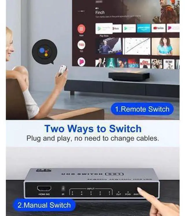 Alt view image 5 of 7 - 5 in 1 Out 8K HDMI 2.1 Switch with Remote, 8K@60Hz 4K@120Hz Port Expander Selector Box, Support 3D HDR HDCP 2.3 Dolby Vision, Compatible with PS5 PS4 PS3 Xbox Switch DVD Player TV PC