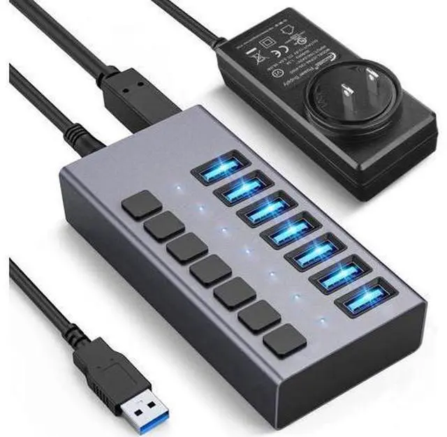Main image of 36W 7-Port USB 3.0 Hub, Aluminum Alloy USB Splitter with Independent On/Off Switches, 5Gbps High-Speed Data Transfer, 12V/3A Power Adapter, Compatible with Laptop, PC, External Mobile HDD