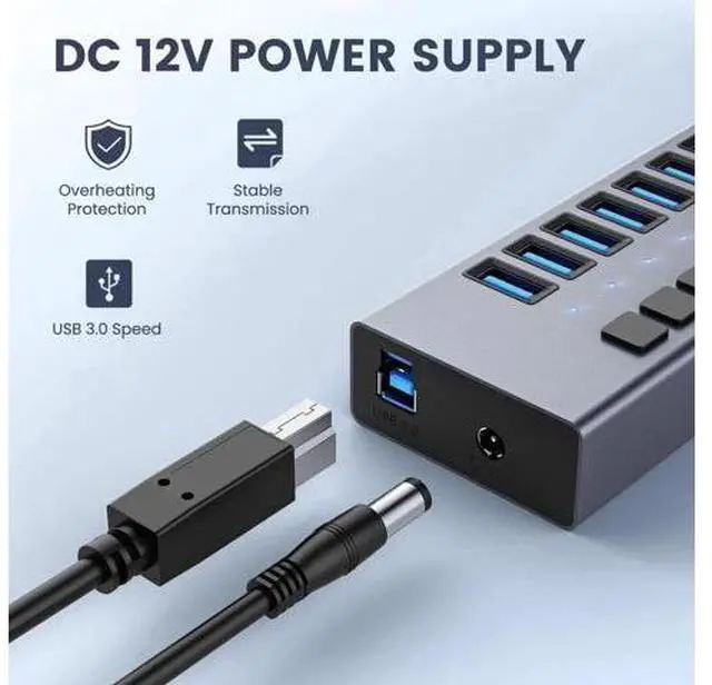 Alt view image 3 of 7 - 36W 7-Port USB 3.0 Hub, Aluminum Alloy USB Splitter with Independent On/Off Switches, 5Gbps High-Speed Data Transfer, 12V/3A Power Adapter, Compatible with Laptop, PC, External Mobile HDD