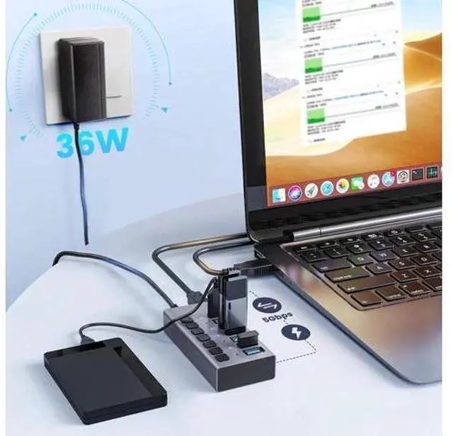 Alt view image 4 of 7 - 36W 7-Port USB 3.0 Hub, Aluminum Alloy USB Splitter with Independent On/Off Switches, 5Gbps High-Speed Data Transfer, 12V/3A Power Adapter, Compatible with Laptop, PC, External Mobile HDD