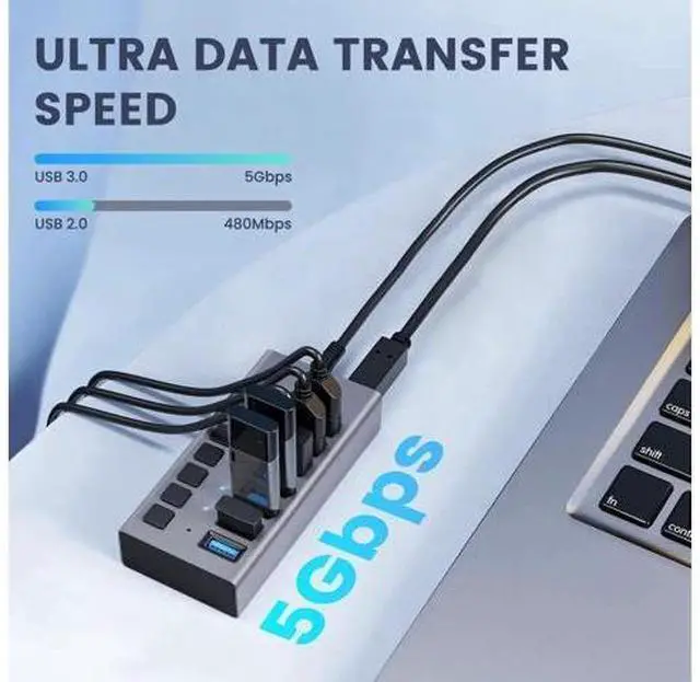 Alt view image 5 of 7 - 36W 7-Port USB 3.0 Hub, Aluminum Alloy USB Splitter with Independent On/Off Switches, 5Gbps High-Speed Data Transfer, 12V/3A Power Adapter, Compatible with Laptop, PC, External Mobile HDD