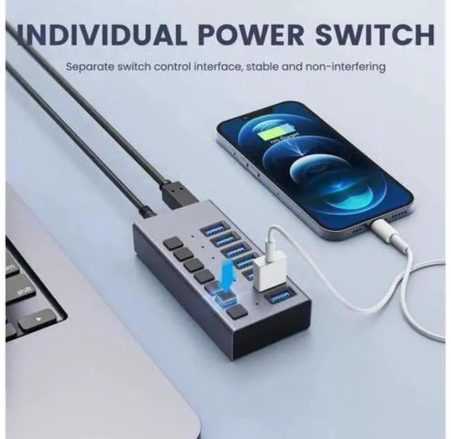 Alt view image 6 of 7 - 36W 7-Port USB 3.0 Hub, Aluminum Alloy USB Splitter with Independent On/Off Switches, 5Gbps High-Speed Data Transfer, 12V/3A Power Adapter, Compatible with Laptop, PC, External Mobile HDD