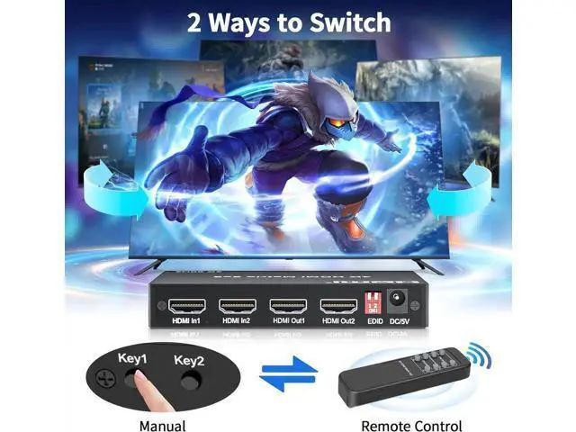Alt view image 2 of 7 - 2x2 HDMI Matrix Switch Splitter, 2 In 2 Out HDMI 2.0 Matrix with Remote Control, Support 4K@60Hz UHD HDR 18Gbps HDCP 2.2, EDID Management, Digital Optical & Stereo Audio Extractor