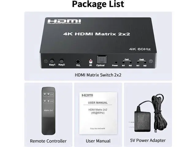 Alt view image 5 of 7 - 2x2 HDMI Matrix Switch Splitter, 2 In 2 Out HDMI 2.0 Matrix with Remote Control, Support 4K@60Hz UHD HDR 18Gbps HDCP 2.2, EDID Management, Digital Optical & Stereo Audio Extractor