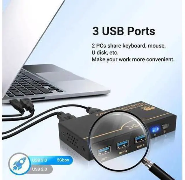 Alt view image 4 of 6 - 2 Port 8K HDMI 2.1 KVM Switch, 8K@60Hz 4K@120Hz High Speed KVM Switcher, 2 Computers Share 1 Monitor & 3 USB 3.0 Devices, with 2 HDMI 2.1 Cables and 2 USB 3.0 Cables
