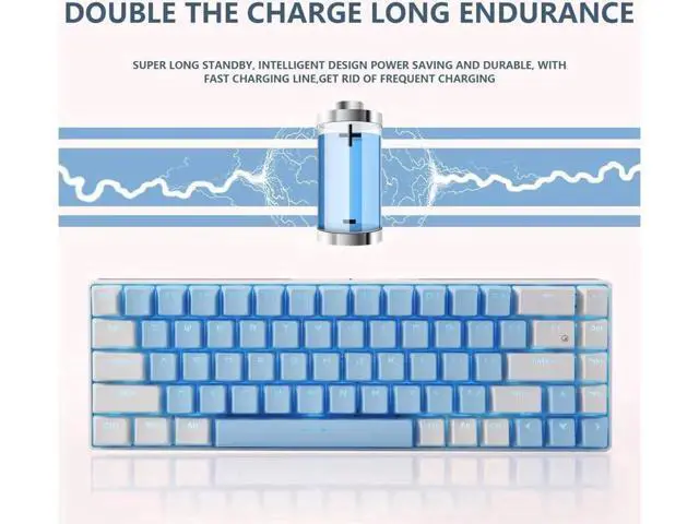Alt view image 4 of 7 - 68 Keys Blue White Mechanical Gaming Keyboard, 60% Layout Wired Wireless Bluetooth Keyboard, Type-C USB Dual Mode, LED Backlit Anti-Ghosting Keyboard for PC Laptop