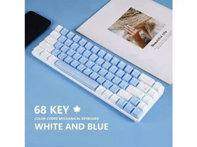 Alt view image 5 of 7 - 68 Keys Blue White Mechanical Gaming Keyboard, 60% Layout Wired Wireless Bluetooth Keyboard, Type-C USB Dual Mode, LED Backlit Anti-Ghosting Keyboard for PC Laptop